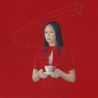 SALUSTIANO: Calm Alarm (Tamara con aviones y taza de té),   Acrylharzlackfarbe, natürl. Pigmente auf Leinwand, 152 x 152 cm; courtesy Galerie BROCKSTEDT Berlin.